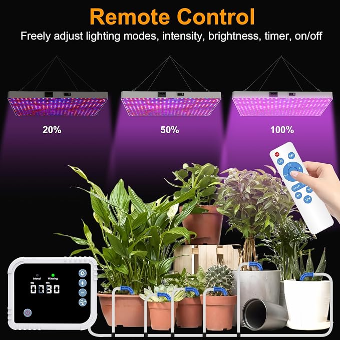 LED Grow Light with Automatic Watering System for Indoor Plants, Full Spectrum Plant Light with Remote Control, Stepless Dimmable Growing Lamps with 3 Lighting Modes for Seedlings Veg Bloom