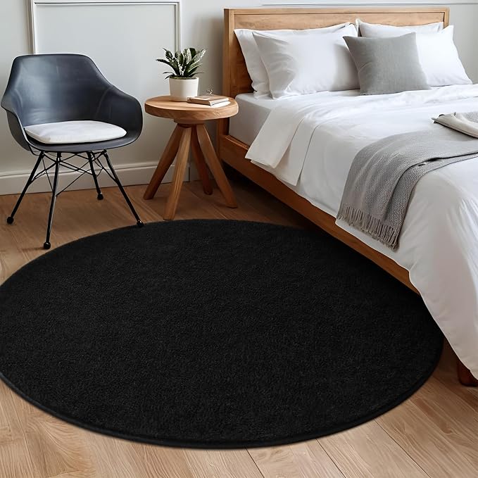 5' Black Round Area Rug Modern Solid | Washable Memory Foam, Low Pile Non Slip Indoor Carpet for Living Room Bedroom Office Classroom College Dorm Room Home Decor