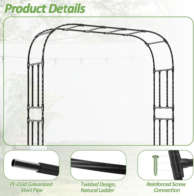 Thickened Metal Garden Arch-98.4(L)*94.5“(H),Garden Trellis for Climbing Plants Outdoor, Heavy Duty Rust-Proof Iron Arbor Archway for Backyard, Patio, Lawn and Wedding Decorations(20MM Pipe)
