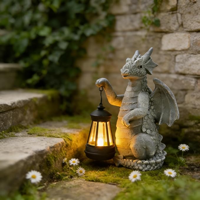 Solar Dragon Outdoor Statue, Dragon Figurine Light, Yard Decor for Patio | Solar Auto Lighting Weather Resistant Resin Wire-Free Outdoor Decor Ideal Gift Garden & Patio Ornament