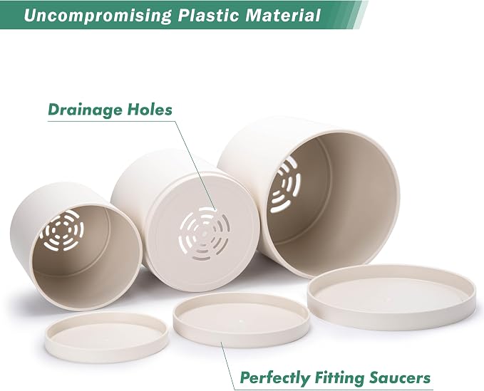 D'vine Dev 6.5 Inch 8 Inch 10 Inch, Set of 3 Plastic Planter Pots for Plants with Drainage Hole and Seamless Saucer, Oatmeal, Large, 74-V-H-4