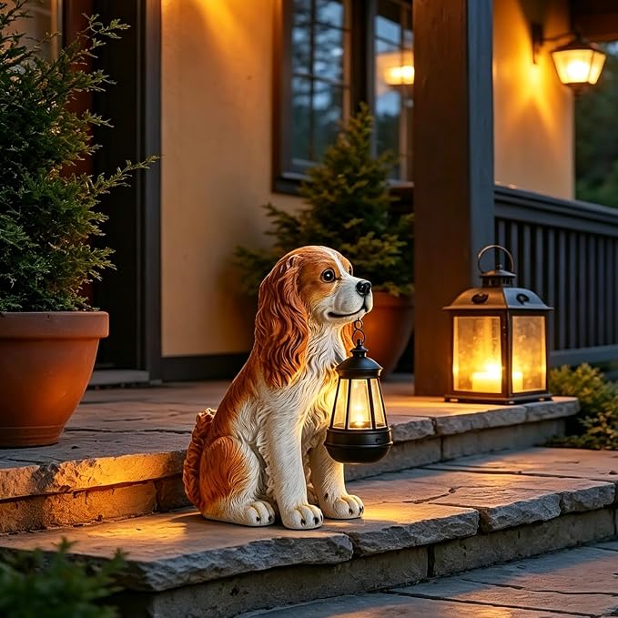 Afirst Dog Garden Statue - Outdoor Decor with Solar Lantern Valentine's Day Gift Lovely American Cocker Spaniel Figurine Patio Lawn Yard Art Ornaments Housewarming Gift