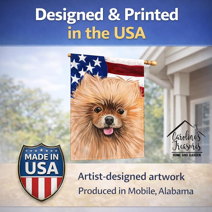 Caroline's Treasures CK6655CHF Pomeranian Dog American Flag House Flag Large Porch Sleeve Pole Decorative Outside Yard Banner Artwork Wall Hanging, Polyester, House Size, Multicolor