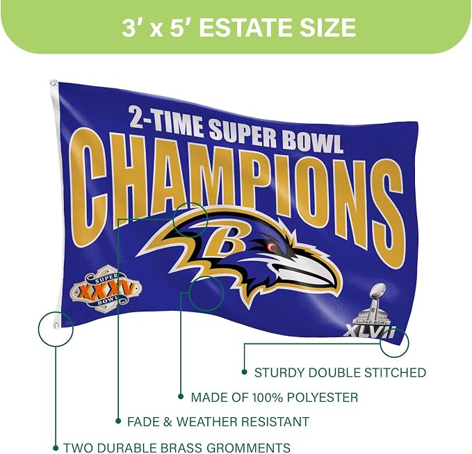 Team Sports America NFL Baltimore Ravens Multi-Win Superbowl Champions 3x5 Flag for Outside with Grommets | Outdoor & Indoor | Heavy Duty Flag & Banner | Works with Flag Pole for Outside House