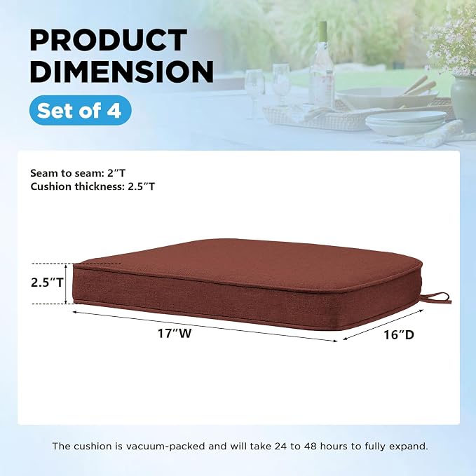 17 x 16 Inch Sunbrella Outdoor Chair Cushions with Tie Straps, Set of 4 Thick Water Repellent Round Patio Chair Pads for Garden Lawn Patio Furniture, Canvas Henna