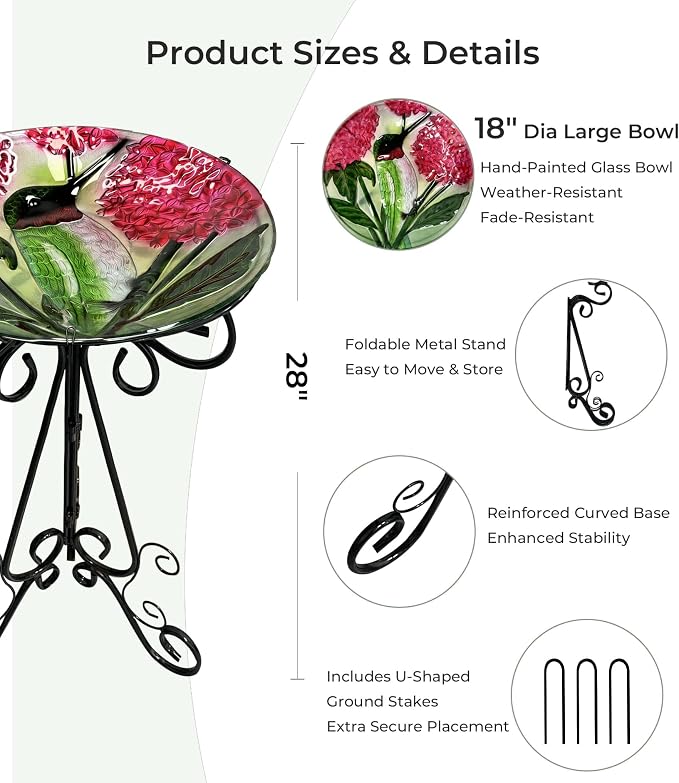Large Bird Bath for Outside, 18" D Glass Bath Bowl with Metal Stand 28" H Standing Outdoor Birdbaths for Garden Yard Lawn Decor, Hummingbird-Red-New