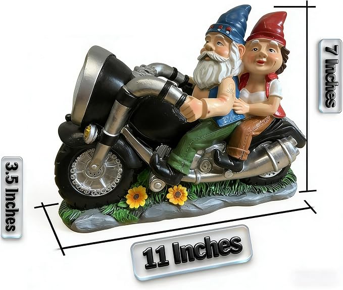 Motorcycle Gnome Couple Solar Light Outdoor Garden Statue Decor | 11 inch Resin Biker Pair Weatherproof LED Powered Yard Patio Lawn Porch Deck Funny Anniversary Birthday Gift Idea for Him