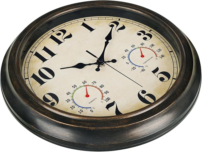 zyzamay 13 Inch Outdoor Clock with Thermometer and Hygrometer, Waterproof and Silent, Large Easy-to-Read Numbers, Ideal for Bedroom,Office,Living Room,Porch,Garden,Pool(BlackGold)