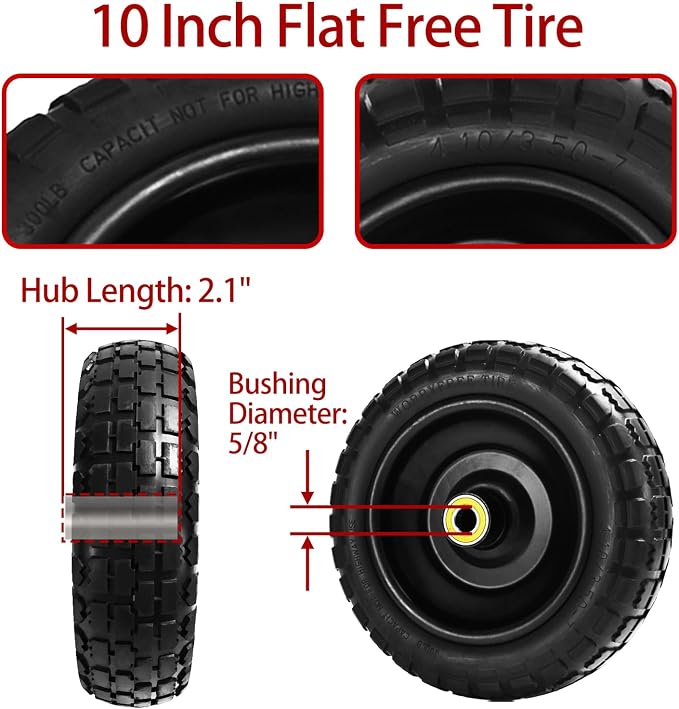 10" Flat Free Tires (4-Pack), 4.10/3.50-4 Solid Rubber Wheels for Gorilla Carts, Garden Wagons, Wheelbarrows & Utility Carts - 5/8" Axle Bore, 2.1" Offset Hub, Heavy Duty No-Flat Replacement