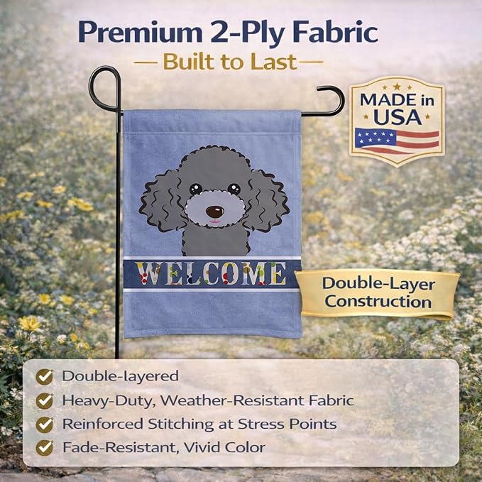 Caroline's Treasures BB1445GF Silver Gray Poodle Welcome Garden Flag, Blue Mailbox Flag Decorative Yard Flag Banner Outside Patio Artwork Yard Flower Beds, Garden Size, Multicolor