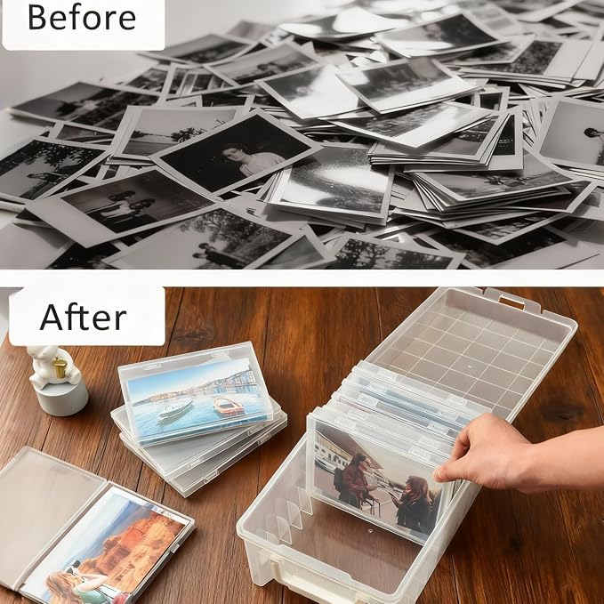 NINU Photo Storage Box 5 x 7 In Photo Case, 10 Inner Large Photo Keeper, Clear Photo Storage Container, Seed Craft Cards Pictures Organizer, Plastic Office Organizer with 1 Label Sticker