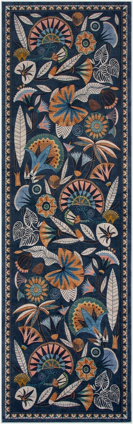 Zealude Egypt Floral Kitchen Runner Rugs Non Skid Washable,2x8 Boho Vintage Hallway Bathroom Runner Rug Non Slip,Soft Long Carpet for Laundry Room Entryway Bedroom (Dark Blue,2 x 8)