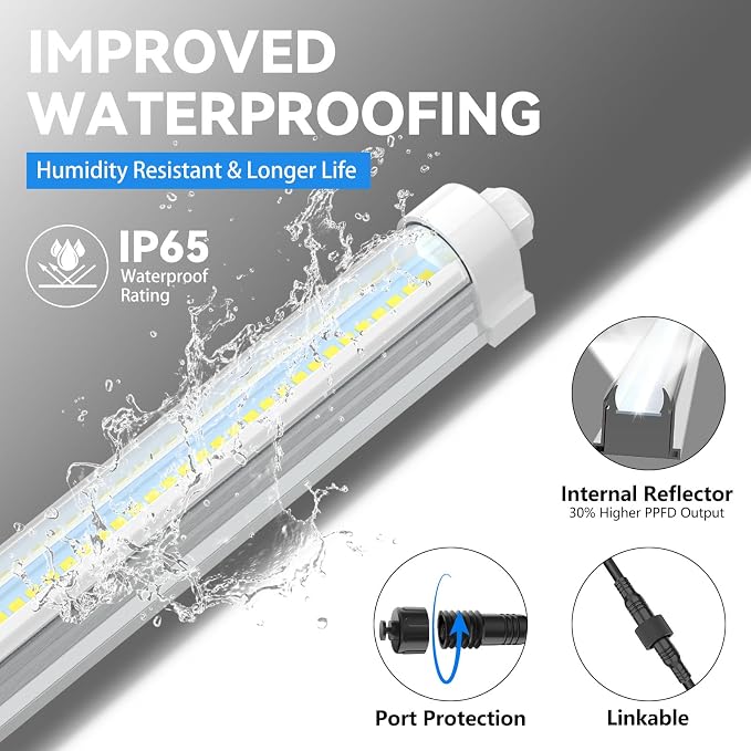 JESLED Waterproof T8 Grow Lights for Indoor Plants, 4FT Full Spectrum 5000K LED for Seed Starting, Seedling & Veg, 96W (2 x 48W, 600W Equiv), Linkable Sunlight Outdoor Grow Light Strip,2-Pack