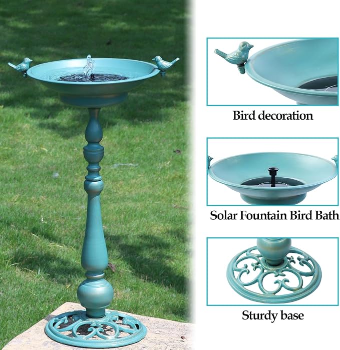 26.6" H Solar Bird Bath, Cast Iron Bird Bath and Solar Fountain, Outdoor Metal Bird Bath Bowl for Outdoors,Patio Yard Lawn Decor