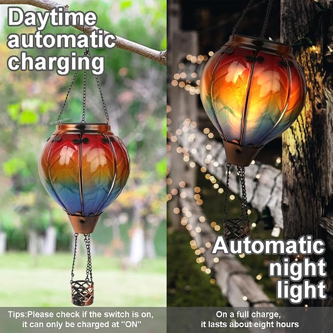 2PCS Solar Hot Air Balloon Flickering Flame Hanging Garden Light with Shepherd's Hooks, 18" H Waterproof Glass Outdoor Lantern for Yard Patio, Mother's Day Gift, Colorful-2PCS