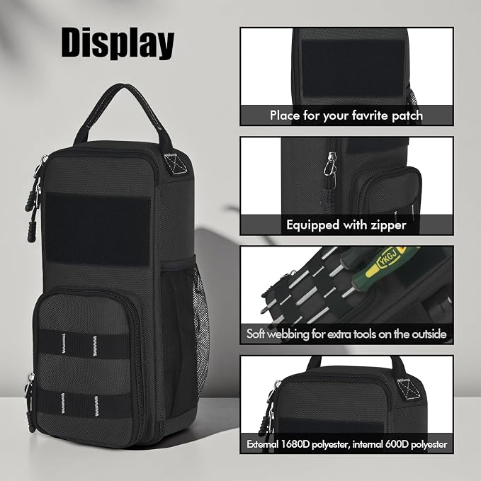 LAKE OF FIRE 12.6" Small Tool Bag Pouch for Men with Multiple Pockets, Waterproof Heavy Duty Tool Bag Organizer with Zipper and Portable Handle (Black)