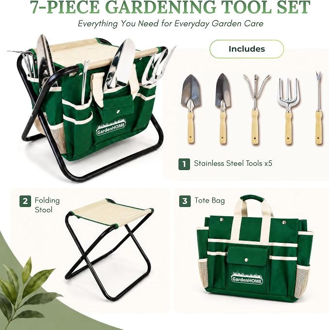 GardenHOME 7-Piece Gardening Tool Set with Folding Stool and Storage Tote Bag, Stainless Steel Garden Tools with Wooden Handles, Garden Kit for Planting, Weeding, Pruning, Yard Work, Gardening Gifts