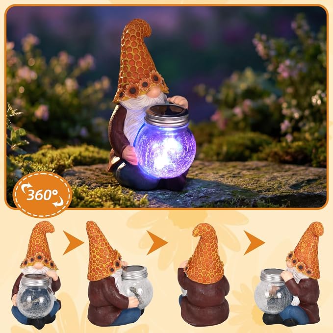Lyeasw Solar Gnome Decor with Honeycomb Lantern, Outdoor Garden Decor | 10 Inch Resin Figurine with LED Glow, Weather Resistant Garden Accent for Patio, Porch, Yard & Gift for Garden Lovers
