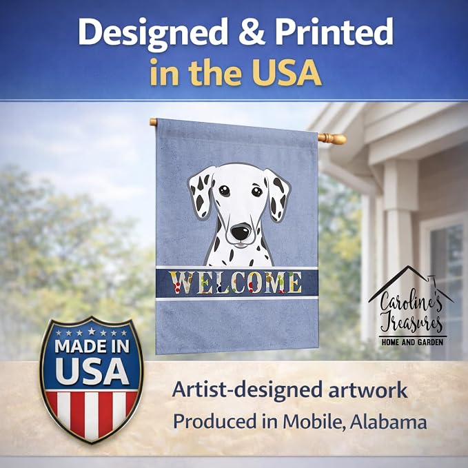 Caroline's Treasures BB1396CHF Dalmatian Welcome House Flag, Blue Large Porch Sleeve Pole Decorative Outside Yard Banner Artwork Wall Hanging, Polyester, House Size, Multicolor