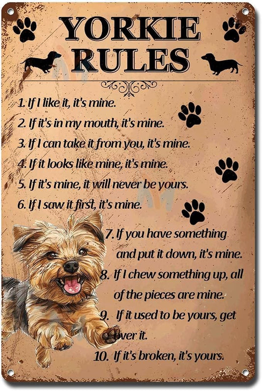 Metal Sign Tin Sign Vintage Wall Art Yorkie Rules Tin Signs Gardening for Restaurant 12×16 Inches
