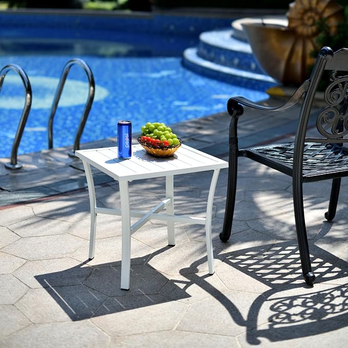 Outdoor Steel Side Table End Table for Patio, Backyard, Pool, Indoor Companion, Easy Maintenance and Weather Resistant, White