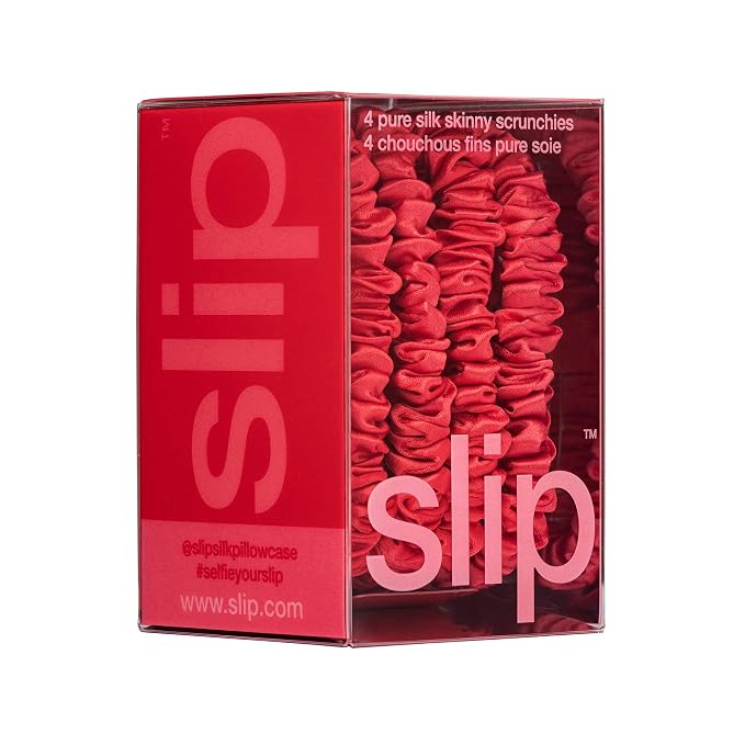 Slip Silk Hair Ties — Skinny Silk Red Scrunchies, No Damage, No Crease, Anti-Breakage |100% Mulberry Silk | All Hair Types | Made with Proprietary Slipsilk™ | Set of 4