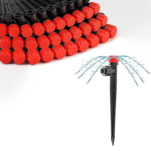 MIXC 30pcs Quick-Connect Drip Irrigation Emitters for 1/4" Drip Irrigation Tubing - Adjustable Push-to-Connect 360° Drip Emitters Stream on 5.5" Sturdy Stake for Irrigation System