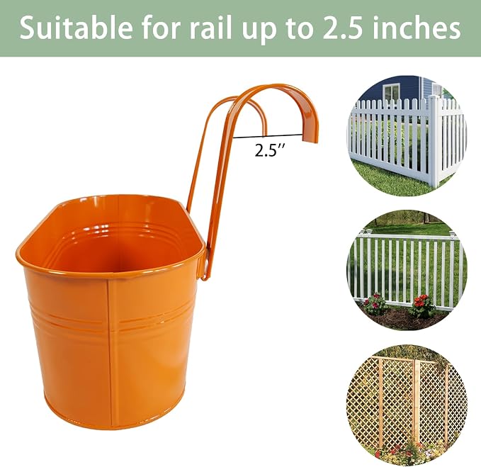 8 Pack Hanging Planters 10", Colorful Metal Bacony Railing Planter for Outdoor Decor, Countryside Fence Pot Flower Bucket for Rails Patio Garden, Plant Pot for Herb (9.8", Pack of 8)