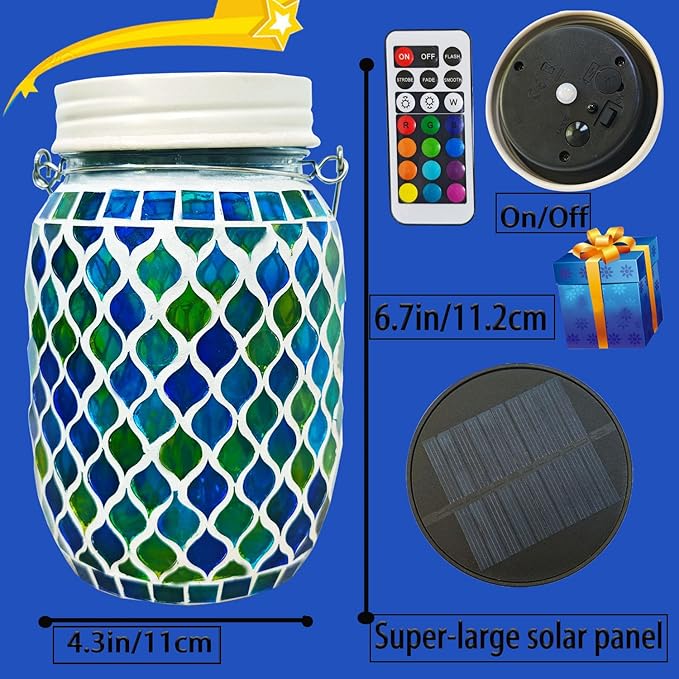 Solar Mosaic Lights - 12 Color Changing LED, 4 Lighting Modes with Remote Control, Handcrafted Glass Decor Lanterns, Hanging or Tabletop Decor for Garden (Bule)