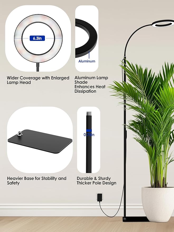 GLOWRIUM Grow Lights for Indoor Plants, Full Spectrum LED Grow Light Floor Lamp with Stand Adjustable Height and Angle, Black Plant Light with 3/9/12H Grow Light Timer (Black, Dual Heads)