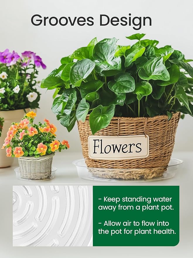 GROWNEER 15 Packs 8 Inches Clear Plant Saucers Flower Pot Trays, with 15 Pcs Plant Labels, Plastic Plant Saucer Drip Trays for Indoor Outdoor Plants Garden
