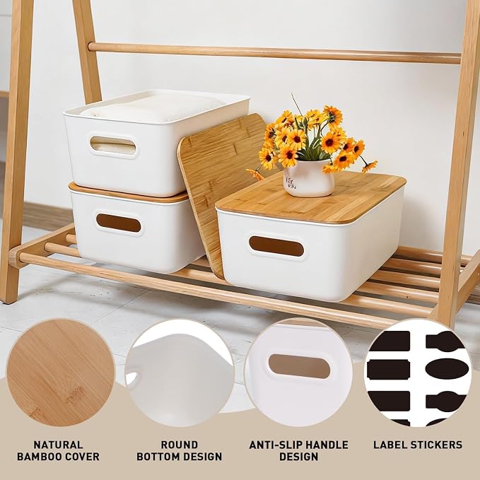 Citylife Storage Bins with Bamboo Lids 16QT Plastic Storage Containers Stackable Organizer Boxes with Handle for Desk Snacks, Toys, 4 PCS, 15" L x 10.6" W x 5.8" H
