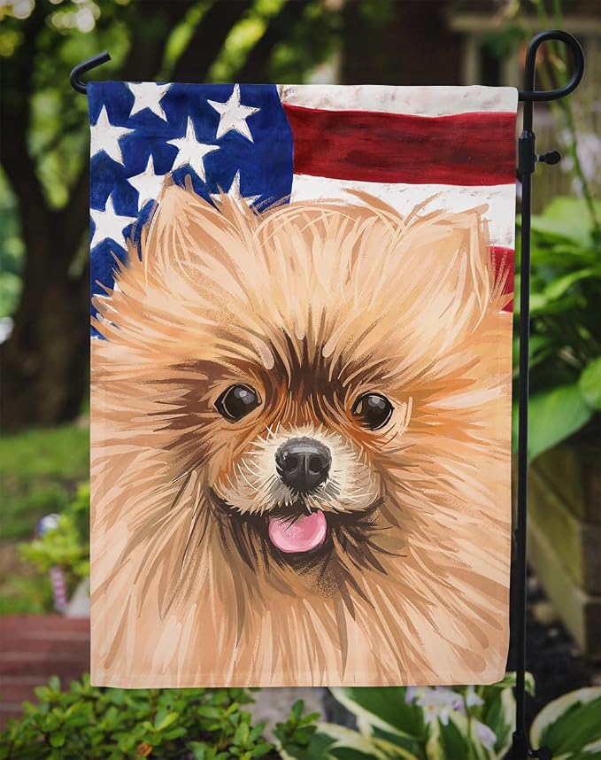 Caroline's Treasures CK6655GF Pomeranian Dog American Flag Garden Flag Mailbox Flag Decorative Yard Flag Banner Outside Patio Artwork Yard Flower Beds, Garden Size, Multicolor