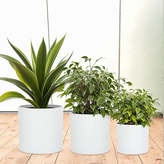 Fox & Fern Large Indoor Planter, Modern Large Plant Pot for Indoor or Outdoor, UV and Frost Resistant - Set of 3: 8, 10, 11.8 Inch, Fiberstone, White Flower Pot with Drainage Plug, Lightweight