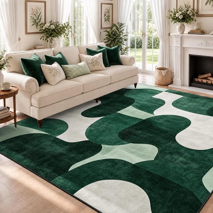 9CH Modern Green Beige Abstract Area Rug 5x7 Wave Rugs for Living Room | Washable Soft Low Pile Non-Slip Carpet for Dining Room, Office Home Decor,Green
