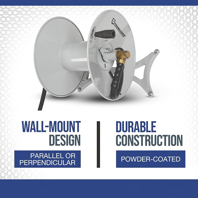 Strongway Wall-Mount Hose Reel, Holds 5/8 in. x 150 ft. Hose, 150 PSI, Parallel or Perpendicular Mount, Left or Right Hand, Brass Fittings, 6 ft. Rubber Lead-In Hose, Mounting Hardware Included