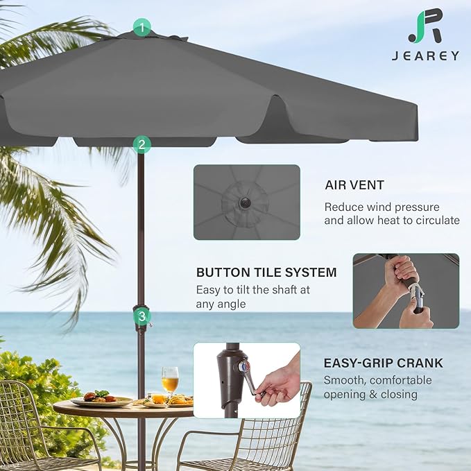 JEAREY 9 FT Patio Umbrella Outdoor, Table Umbrellas Market Umbrella w/Push Button Tilt/Crank, 8 Sturdy Ribs(Gray)