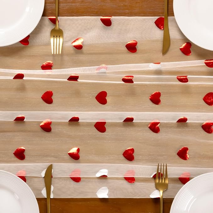 Socomi Valentine's Day Red Heart Table Runner Gauze Sheer Romantic Sequin 10FT Glitter Metallic Foil Dining Wedding Birthday Party Baby Shower Holiday Centerpiece Table Decor 3pcs Beige