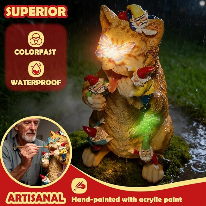 Sunthus Garden Gnome Cat Yard Art Resin Statue Décor | Solar Light Figurine For Outdoor Garden Decorations