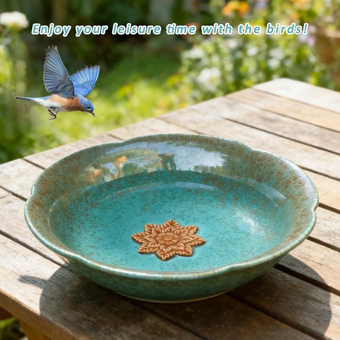 10" W Ceramic Bird Bath for Outdoors,Bird Bath & Feeder with Flower Decor.