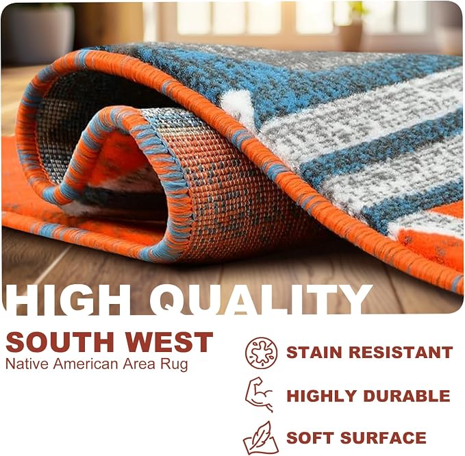 YHSF Southwestern Area Rug - Anti Static & Washable - Orange, 2 ft x 3 ft | Soft Native American Tribal Floor Rugs for Living Room, Bedroom, Hallways, and More - Easy-to-Clean Home Decors