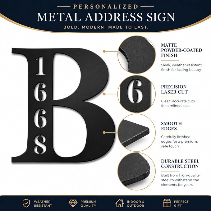 Personalized Metal Address Sign with Large Initial, Custom House Number Plaque and Family Last Name Sign for Outside, Outdoor Wall Mount Address Marker for Front Door Porch Yard