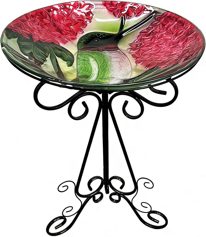 Large Bird Bath for Outside, 18" D Glass Bath Bowl with Metal Stand 28" H Standing Outdoor Birdbaths for Garden Yard Lawn Decor, Hummingbird-Red-New