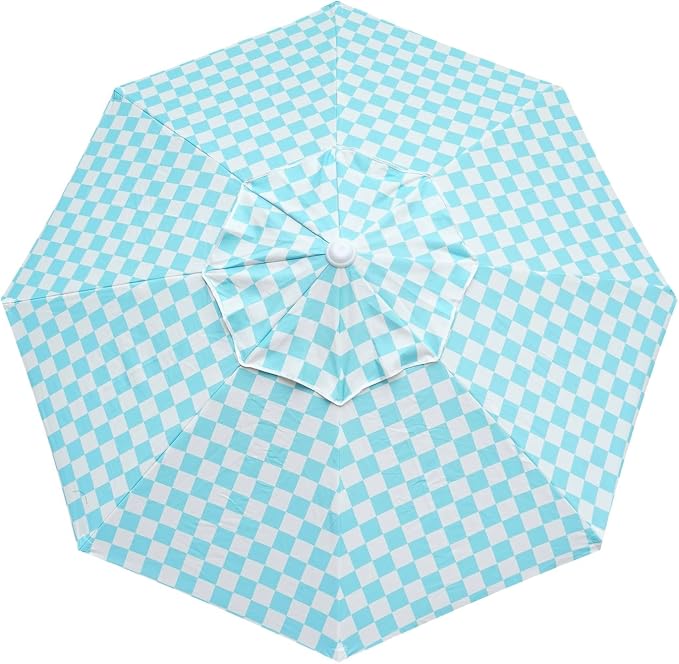 AMMSUN 7.8ft Outdoor Patio Umbrella, Boho Beach & Market Umbrella with UPF 50+ Water-Resistant Canvas, Ash Wood Pole, Air Vent and Carry Bag for Patios, Gardens, Decks and Poolside (Cyan Checker)