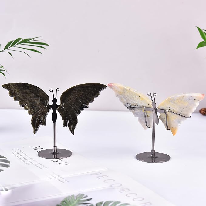 JIC Gem Natural Golden Obsidian Crystals Butterfly Decorative Rocks Stones Healing Crystal Carved Angel Wings Figurine with Display Decor Reiki Gifts (1pair, 10cm)