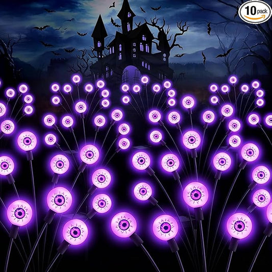 ASMAD Halloween Decorations Outdoor Solar Scary Eyeball Lights, 10Pack 80LEDs Purple Eyeball Swaying Firefly Light, Waterproof Halloween Path Lights for Garden/Yard/Patio/Party Decor
