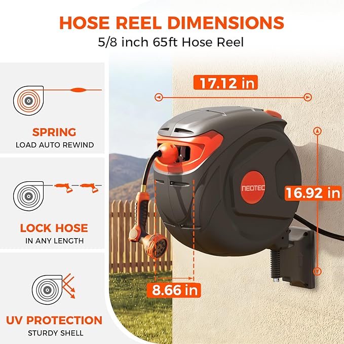New Retractable Garden Water Hose 65ft 5/8 inch, Wall Mounted Hose Reel with Automatic Rewind System, Any-Length Lock & Spray Nozzle for Efficient Yard Work