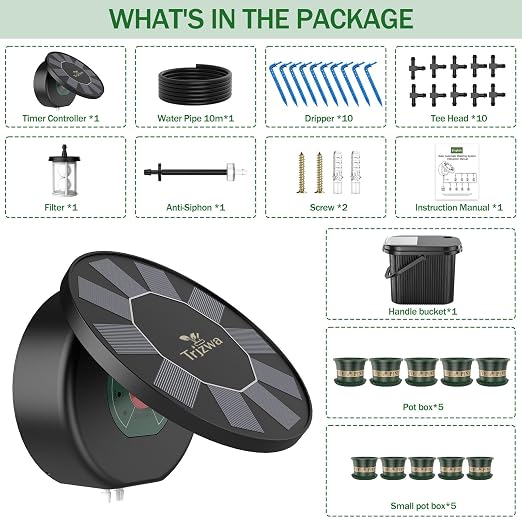 Solar Drip Irrigation System Kit,TRJZWA Solar Powered Auto Plant Watering Device with 10 Pack Plastic Plant Pots(4.5’/6’) & 3.5 Gallons Handy Bucket for Carry