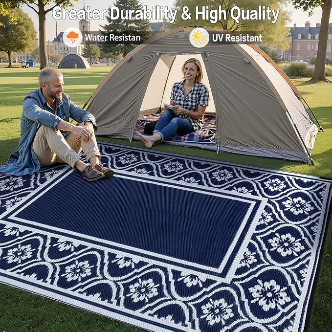 HUGEAR Plastic Outdoor Rug 6'x9' Waterproof Camping Carpet Outside Reversible Area Rug Blue Rugs for RV Deck Entryance Porch Picnic Balcony Beach
