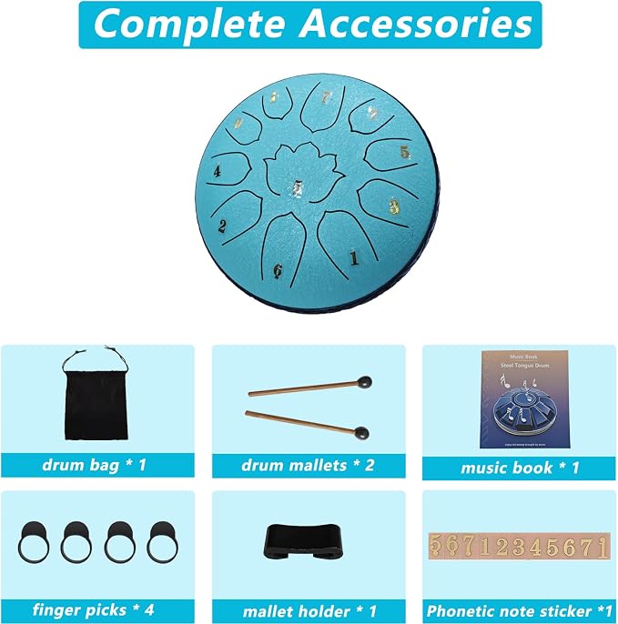 Steel Tongue Drum 11 Notes 6 Inches, Rain Drum for Outside with Bag, Music Book, Mallets, Finger Picks, Stickers – Meditation & Yoga Steel Drum